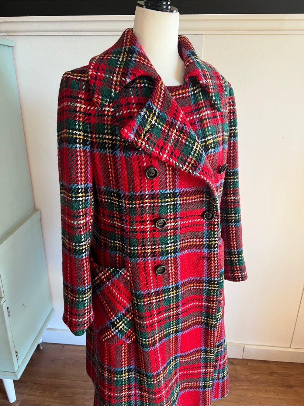 Vintage Red Plaid Double-Breasted Warm Irish Wool Coat - Picture 3 of 15